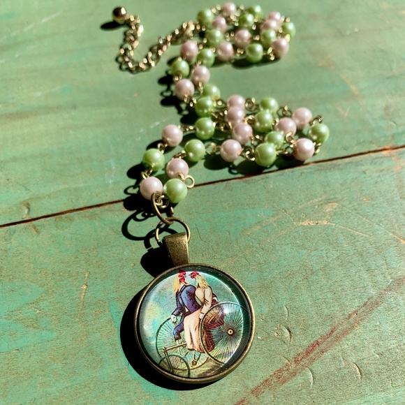 Mistollie Jewelry - Odd & Handmade Bird/Chicken Lovers on a bike Necklace OOAK 🥰 Whimsical Jewelry